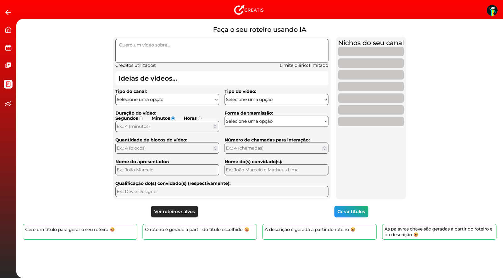 Tela de criação de roteiro do Creatis